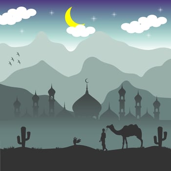 Illustration of Ramadan theme landscape design with Islamic nuances. Illustration of desert landscapes, mosques and camels Arabian nuances vector