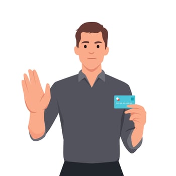 Serious man shows stop gesture and holding credit card. Man say no or reject credit card vector