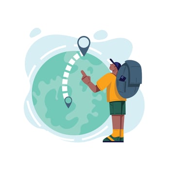 Male tourist with a backpack plots a route on a globe. vector