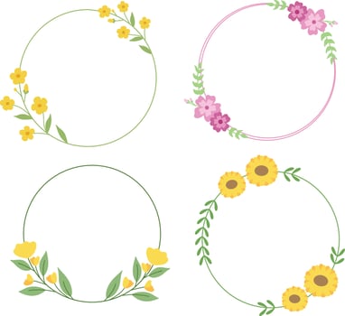 Circle flower frame illustration set, border with leaves element. Design suitable for wedding, frame, invitation card. Pro Vector