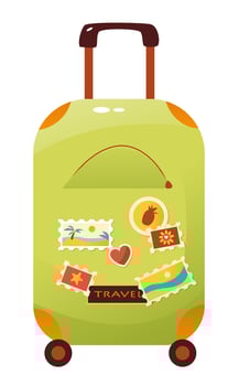 Cute travel suitcase with stickers. A traveler's bag. Luggage bag. Travel concept. Cartoon vector illustration
