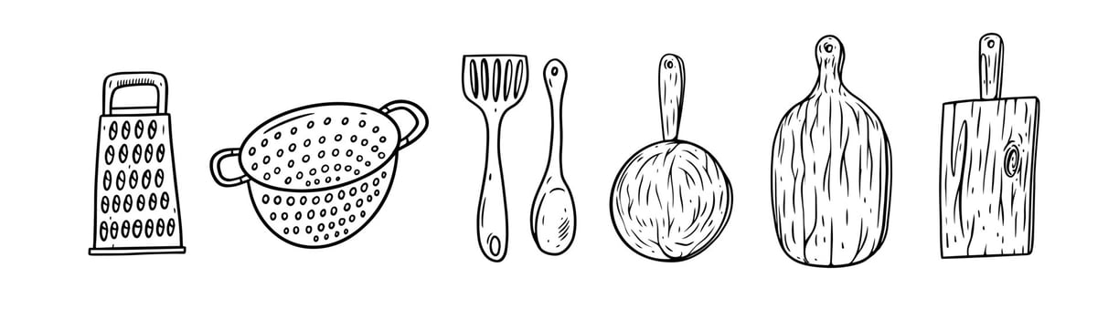 Kitchen tools set black color outline sketch vector art illustration.