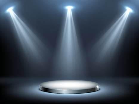 Round podium stage in spotlights rays, realistic vector