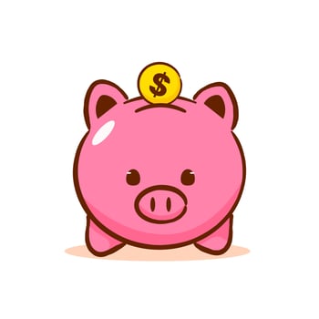 Cute piggy bank with gold coins. Business Finance Concept Design. Isolated white background. Hand drawn flat cartoon style. Vector art illustration