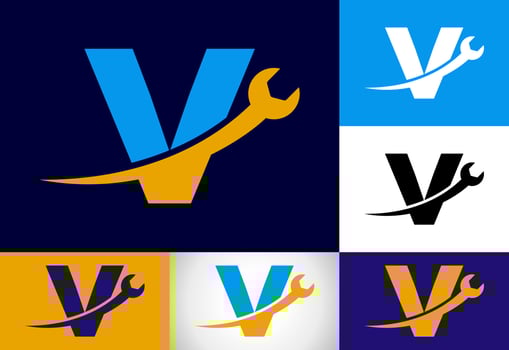 Graphic alphabet V with wrench. Logo for mechanical, technology, repair service , automotive business vector