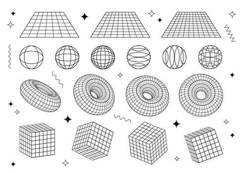 Set of black line graphic elements, polygonal models of geometric forms, wireframe vector models.
