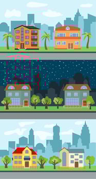 Set of three vector illustrations of city street with cartoon houses and trees. Summer urban landscape. Street view with cityscape on a background