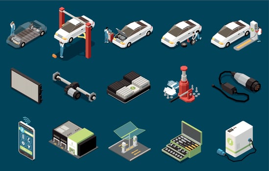 Electric Vehicle Service Isometric Set vector