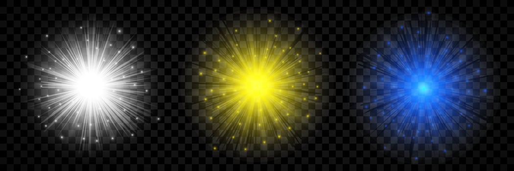 Light effect of lens flares. Set of three white, yellow and blue glowing lights starburst effects with sparkles vector