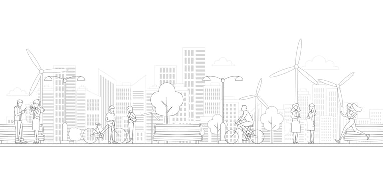 People, city skyline in line art style - landscape with houses, trees and clouds. Isolated vector illustration of beautiful cityscape for real estate and property banner or card