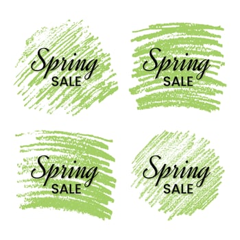 Set of four Spring Sale Banners on Green Scribble Smear. Hand drawn Pencil Scribble. Vector illustration.