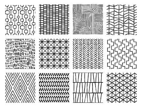 Set of Aesthetic Contemporary printable seamless pattern with abstract Minimal elegant line brush stroke shapes and line in black and white colors. vector