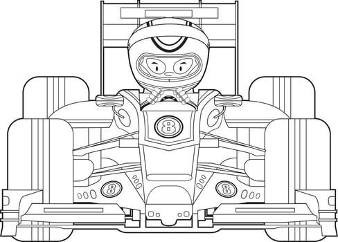 Cute Cartoon Motor Racing Driver in Sports Car - Colouring In Illustration vector