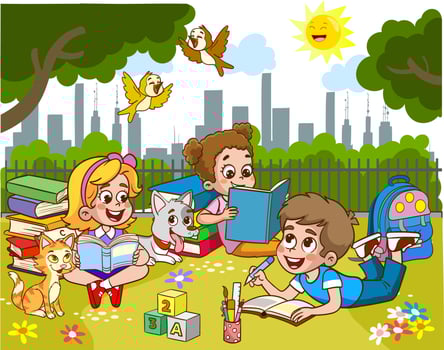Children learn from books. Boy and girl reading fairy tales together. Colorful cartoon characters. Funny vector illustration. Isolated on white background