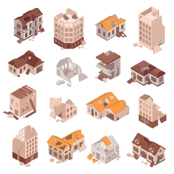 Ruined Houses Isometric Set vector