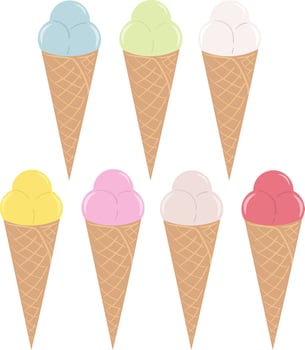 Ice cream in a waffle cone. Assortment of fruit ice cream cones. vector