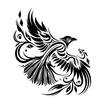 A black raven flying with outspread wings. Ornamental vector illustration isolated on white background for tattoo, logo, emblem, mascot, embroidery, sign, crafting.