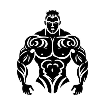 Strong muscular man, bodybuilder. Black and white vector illustration for gym logo, emblem, mascot, sign.