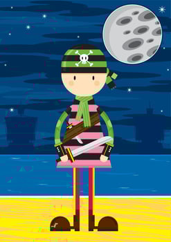 Cute Cartoon Swashbuckling Bandana Pirate with Sword on the Beach by Moonlight vector