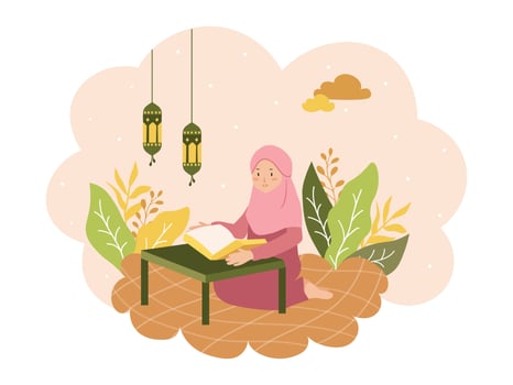 Vector Design Celebration Ramadan and Eid Mubarak Family, Praying and Giving Cartoon Character Illustration Concept