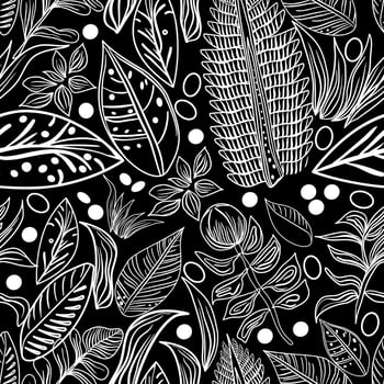 Seamless botanical pattern with tropical leaves in doodle technique vector