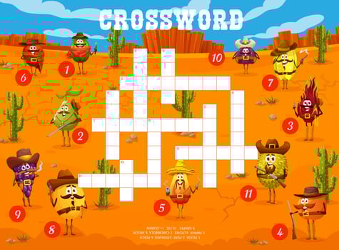 Crossword quiz game, cartoon western cowboy fruits vector