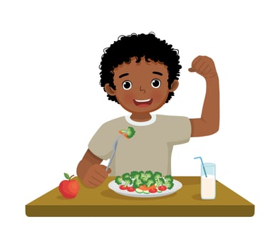 Cute little African boy eating broccoli healthy vegetables with fork showing fist strong muscle vector