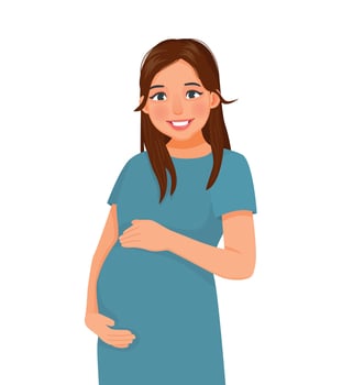 Beautiful pregnant woman touching her big belly vector