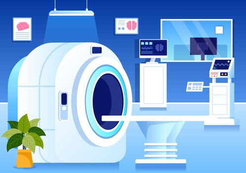 MRI or Magnetic Resonance Imaging Illustration with Doctor and Patient on Medical Examination and CT scan in Flat Cartoon Hand Drawn Templates vector