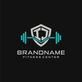 Creative letter IJ logo design for gym or fitness with simple shield and barbell design style vector