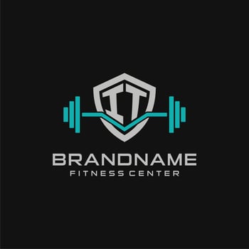 Creative letter IT logo design for gym or fitness with simple shield and barbell design style vector