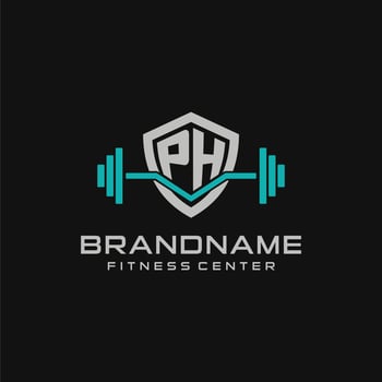 Creative letter PH logo design for gym or fitness with simple shield and barbell design style vector