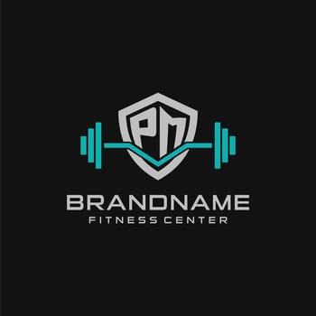 Creative letter PM logo design for gym or fitness with simple shield and barbell design style vector