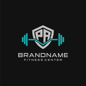 Creative letter PR logo design for gym or fitness with simple shield and barbell design style vector