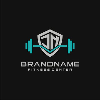 Creative letter JN logo design for gym or fitness with simple shield and barbell design style vector