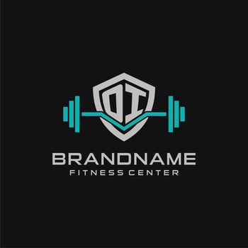 Creative letter OI logo design for gym or fitness with simple shield and barbell design style vector