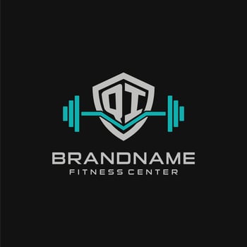 Creative letter QI logo design for gym or fitness with simple shield and barbell design style vector