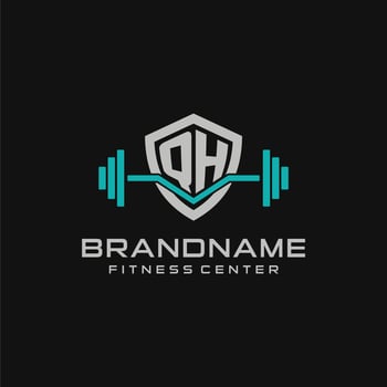Creative letter QH logo design for gym or fitness with simple shield and barbell design style vector
