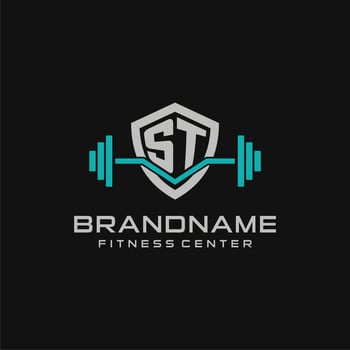Creative letter ST logo design for gym or fitness with simple shield and barbell design style vector