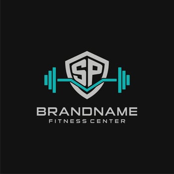 Creative letter SP logo design for gym or fitness with simple shield and barbell design style vector