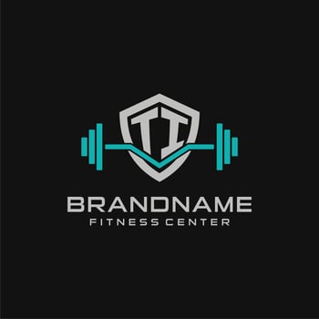 Creative letter TI logo design for gym or fitness with simple shield and barbell design style vector