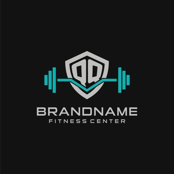 Creative letter QQ logo design for gym or fitness with simple shield and barbell design style vector