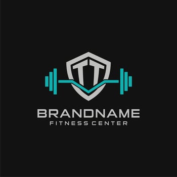Creative letter TT logo design for gym or fitness with simple shield and barbell design style vector