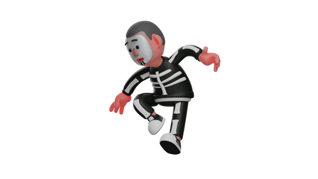 3D illustration. Skeleton Boy 3D Cartoon Character. Adorable skeleton boy in a jumping pose. Adorable skeleton feeling very happy. 3D cartoon character png