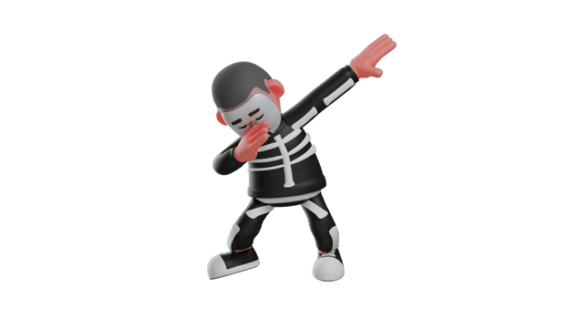 3D illustration. Cool Boy 3D Cartoon Character. Cool skeleton with DAB pose. Skeleton is happy and show his joy. Cool guy in a skeleton costume. 3D cartoon character png