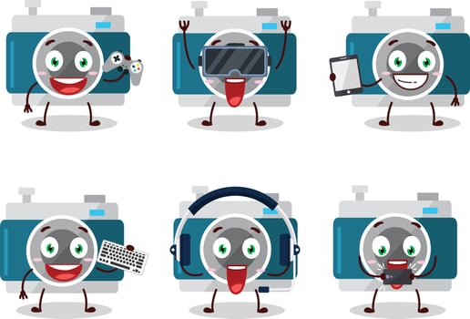Camera pocket cartoon character are playing games with various cute emoticons vector
