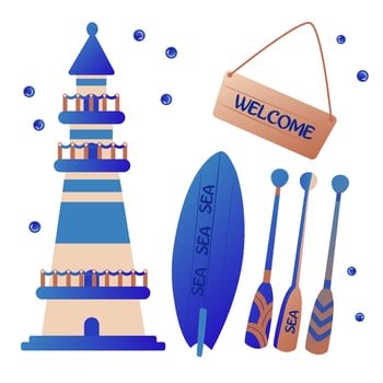 Set of nautical elements for marine design, including a lighthouse, a surfboard, oars and a sign with an inscription. vector illustration set.