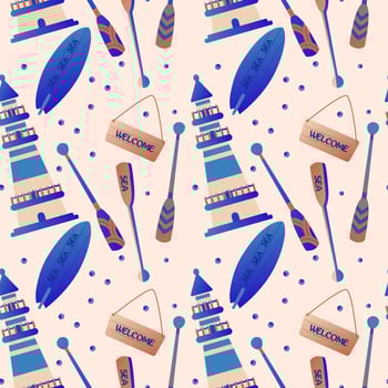 Sea bottom seamless pattern. Summer beach hand-drawn seaside vector print .Undersea world cartoon background with lighthouse, and surfboard. Seashore elements design for fabrics, wallpaper