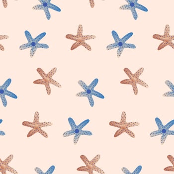 Sea bottom seamless pattern. Summer beach hand-drawn seaside vector print. Undersea world cartoon background with starfish. Seashore elements design for fabrics, wallpaper