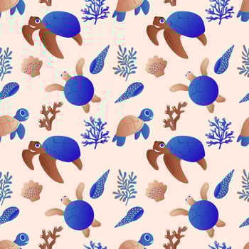 Seamless pattern with sea and ocean animals, corals, seaweeds and shells. Flat design style cartoon characters. Seashore elements design for fabrics, wallpaper vector